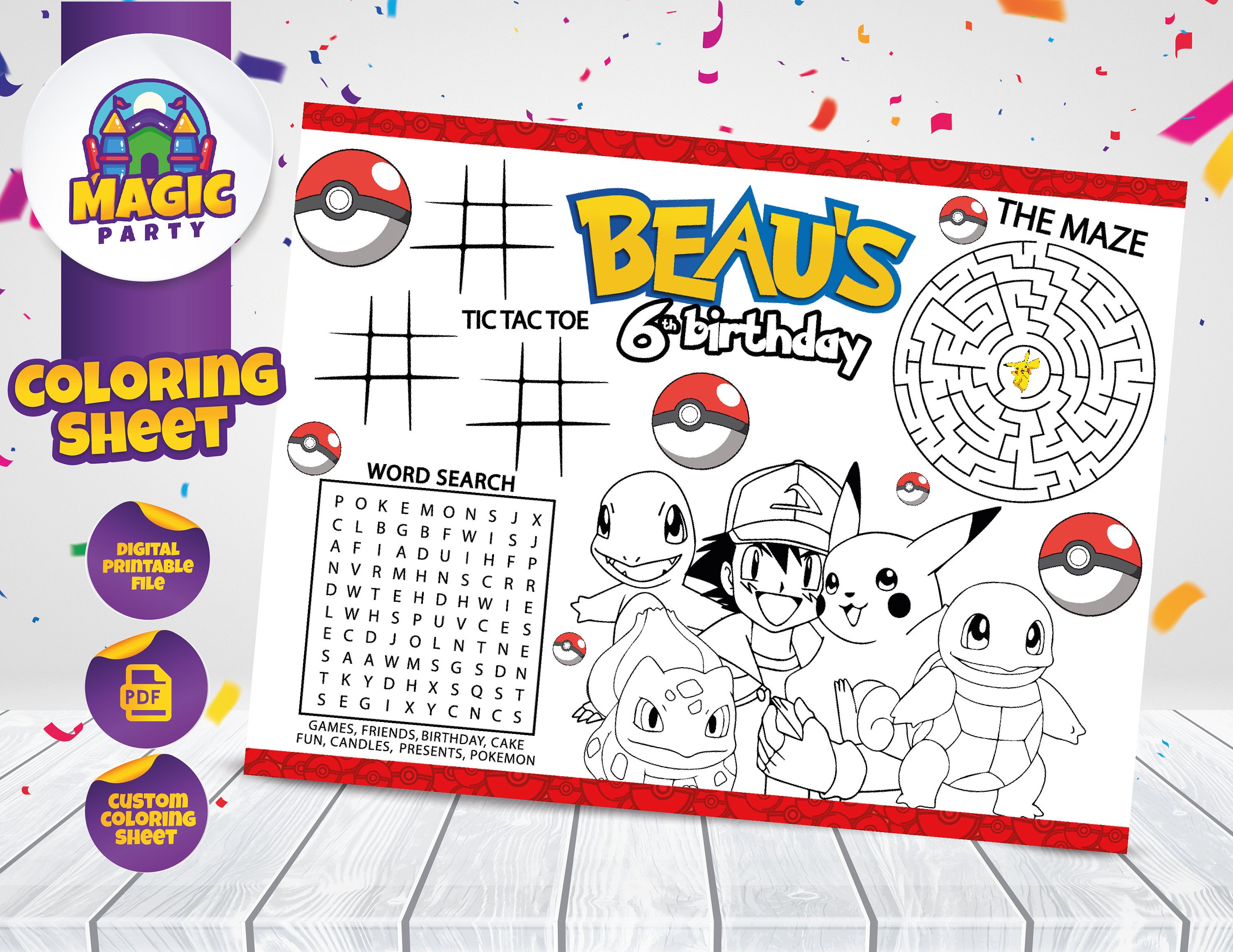 Pokemon coloring sheet party activity birthday printable personalized not instant download digital file