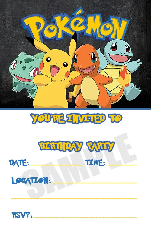 Set of pokemon birthday party invitations