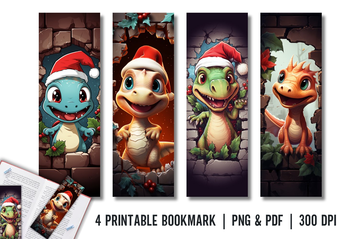 Dinosaur funny christmas bookmark printable design