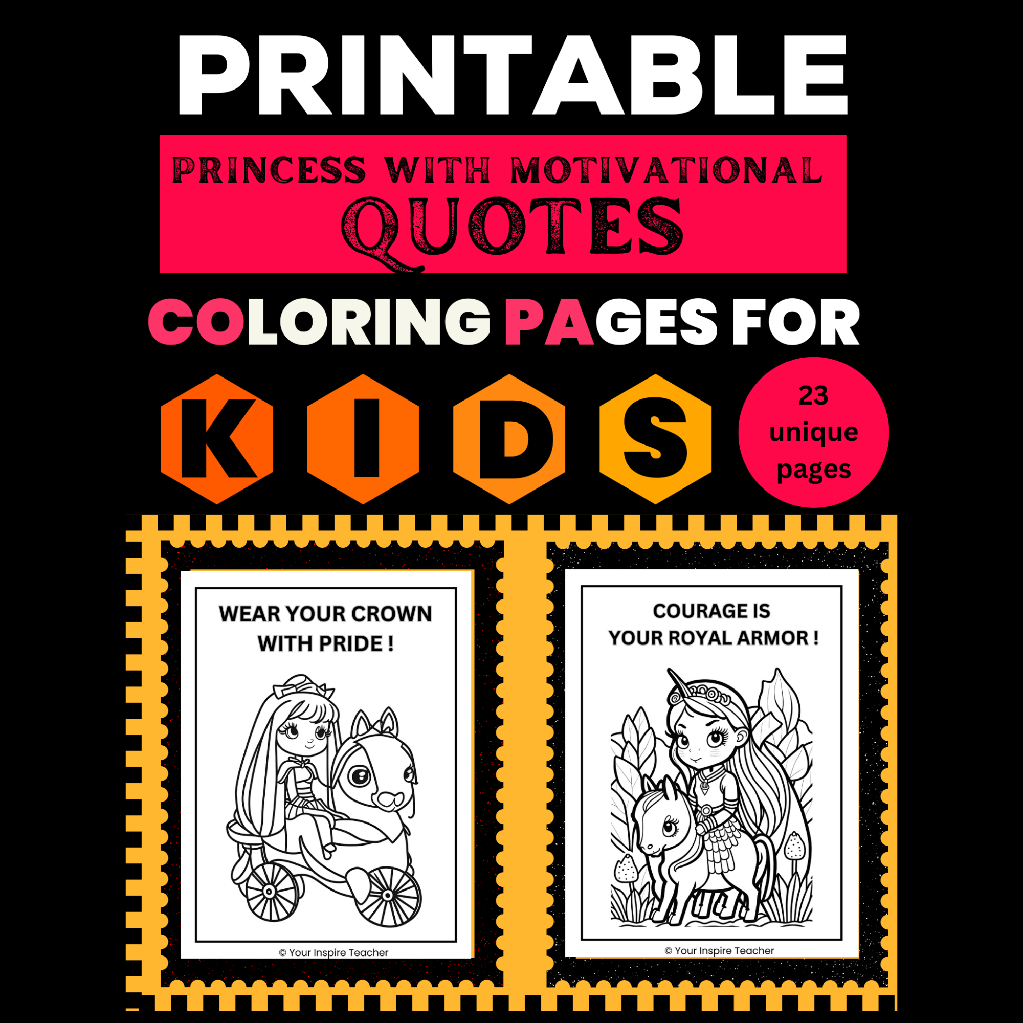 Sweet and cute princess coloring pages with motivational quotes