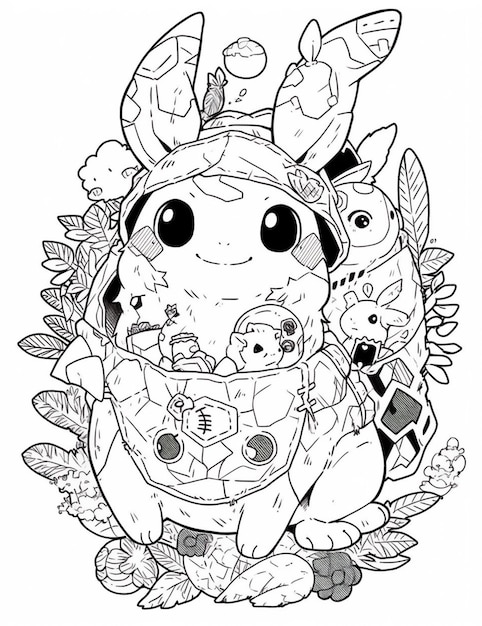 Premium ai image a coloring page of a pokemon character with a hat and other items generative ai