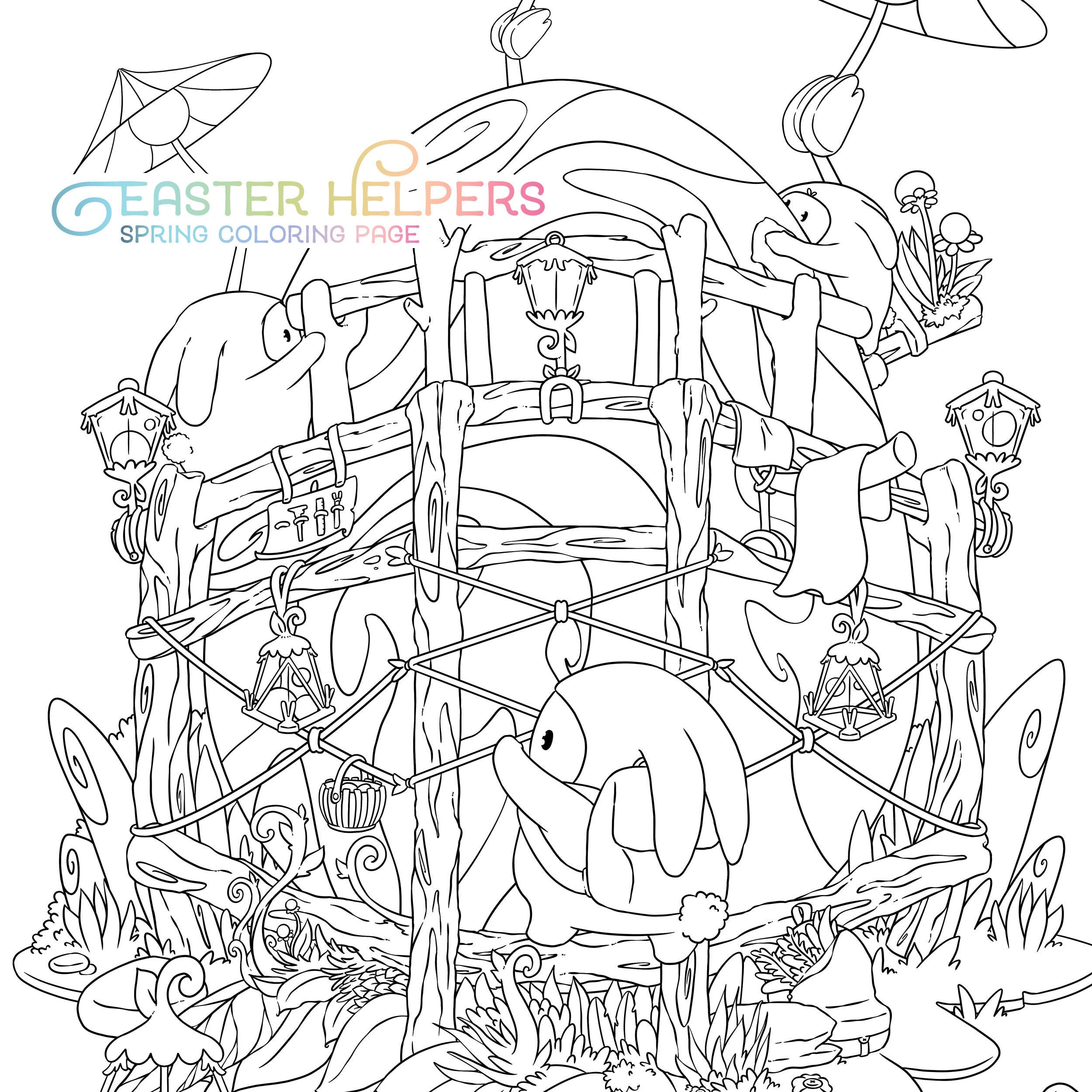 Spring coloring page cute easter bunnies adult coloring page garden egg digi stamp kawaii doodle digital download pdf printable by jen katz instant download