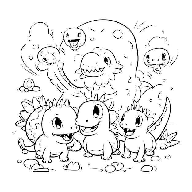 Premium vector black and white cartoon illustration of funny dinosaur animal characters group coloring book