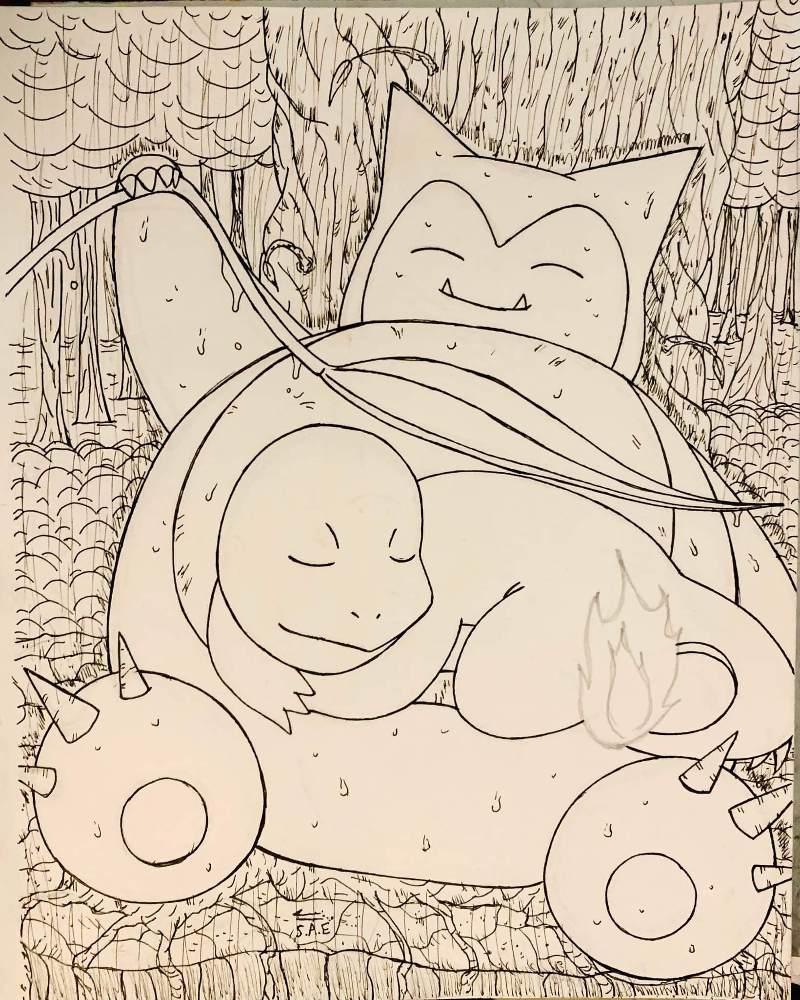 Hey everyone hows my drawing of snorlax protecting charmander rpokemon