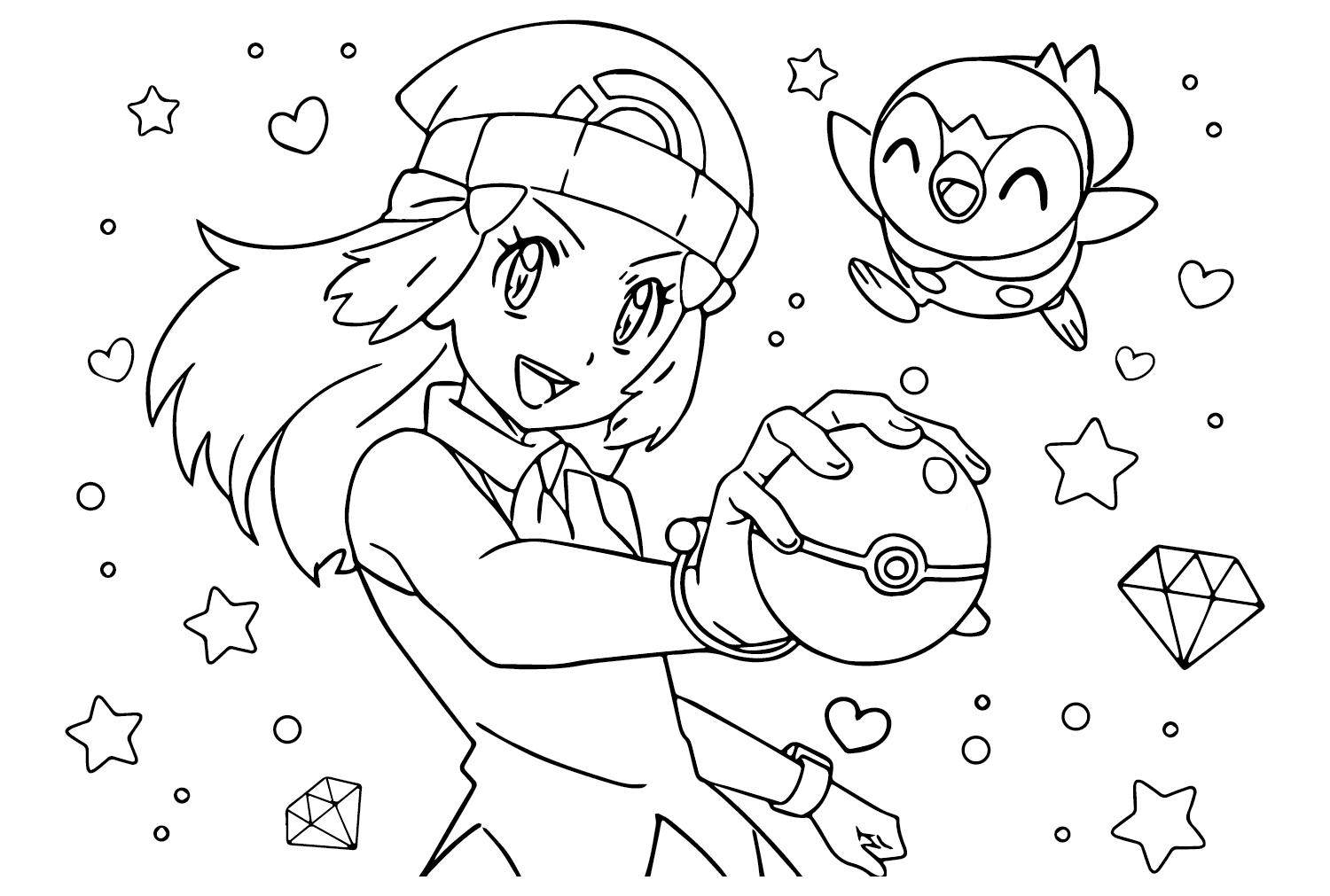 Dawn and pokemon piplup coloring page