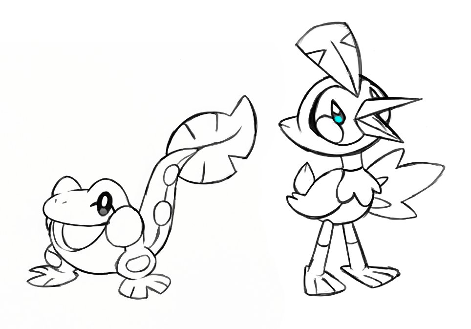 Vish on x working on my starters again sproutad the grass type froglet pokemon and egwet the water type crane pokemon fire starter ing soon httpstcorxuuepgr x