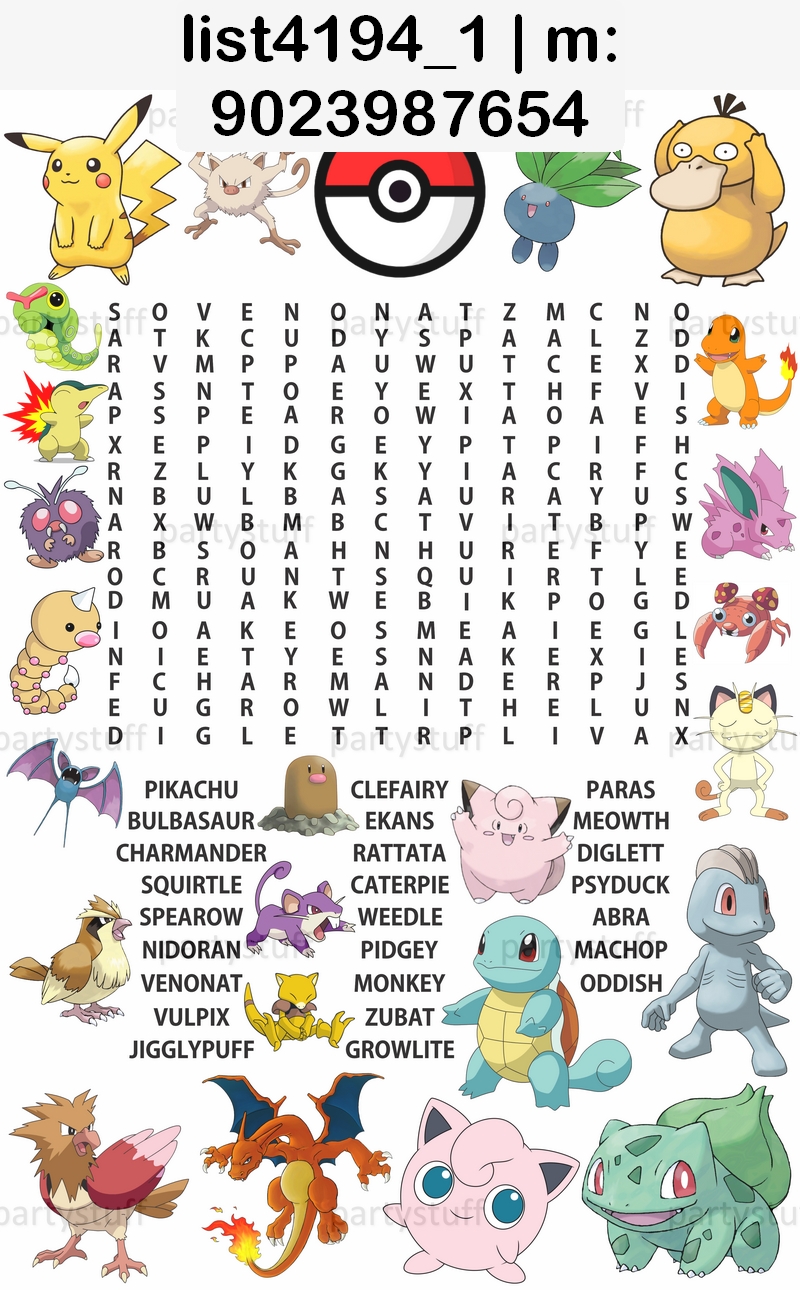 Pokemon word search prted paper games design