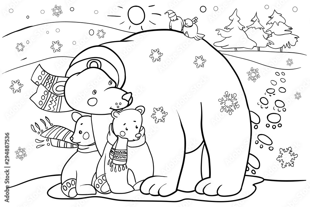 Polar bear with cubs cartoon character coloring book for children design for new year and christmas holidays vector illustration vector