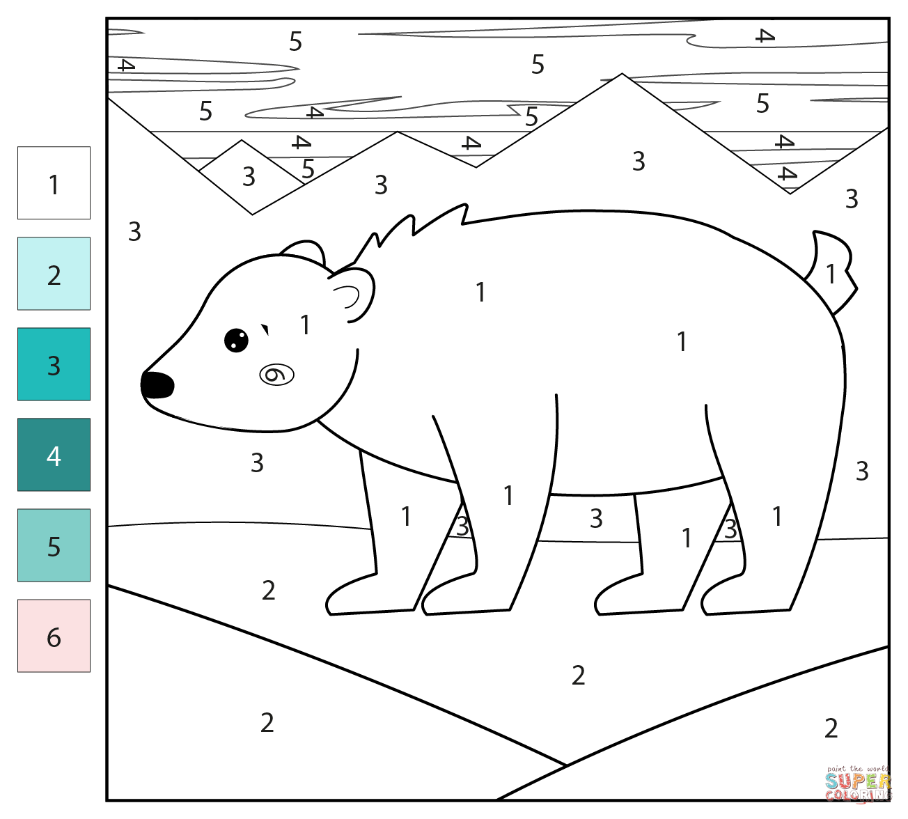 Polar bear color by number free printable coloring pages