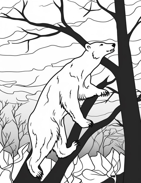 Premium ai image coloring page of a polar bear climbing a tree in the snow generative ai