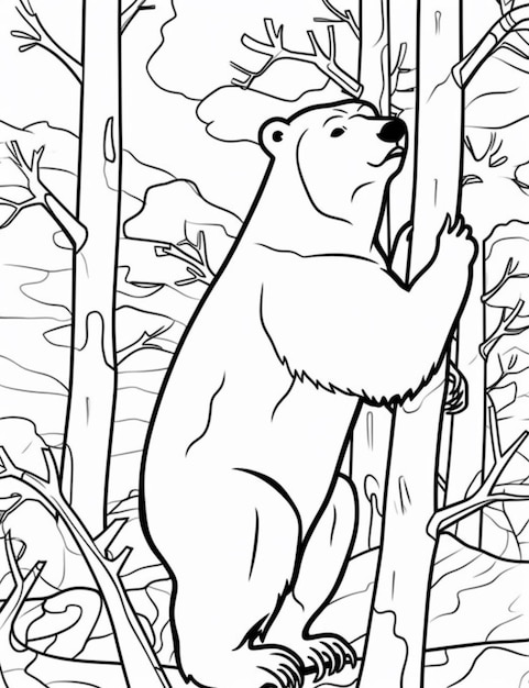 Premium ai image coloring pages of a bear climbing a tree in the woods generative ai