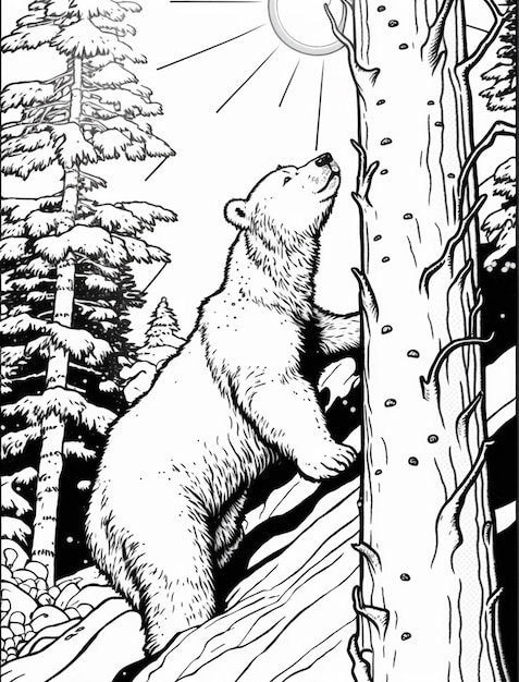 Premium ai image coloring page of a bear climbing a tree in the woods generative ai