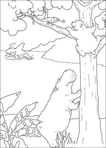 Little polar bear lars and hippo climb the tree coloring page free printable coloring pages