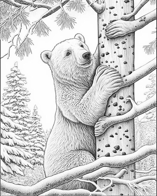 Premium ai image a drawing of a bear climbing a tree with its paws on it generative ai