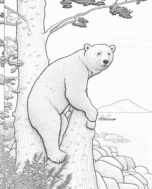 Premium ai image coloring pages of a bear climbing a tree in a forest generative ai