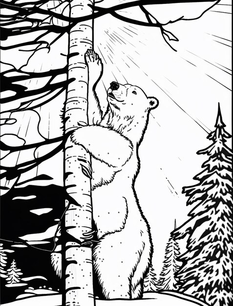 Premium ai image coloring page of a bear climbing a tree in the woods generative ai