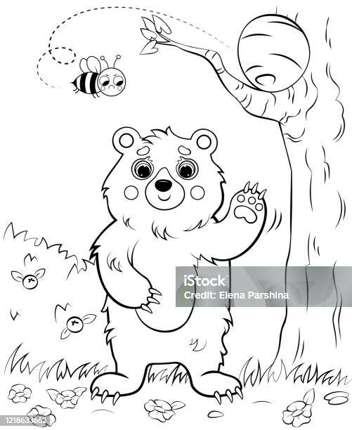 Coloring page outline of a waving cartoon bear with bees nest vector image with nature background coloring book of forest wild animals for kids stock illustration