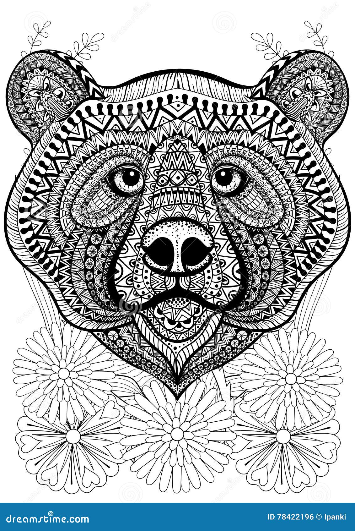 Zentangle stylized bear face on flowers hand drawn ethnic animal for adult coloring pages art therapy boho t