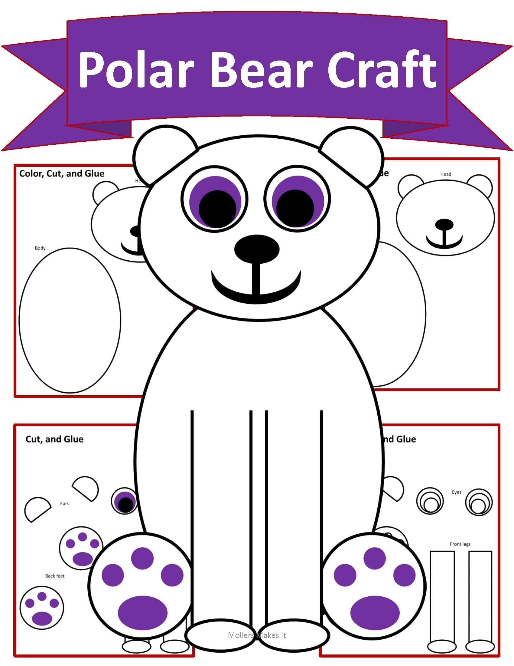 Polar bear paper craft template cut and glue