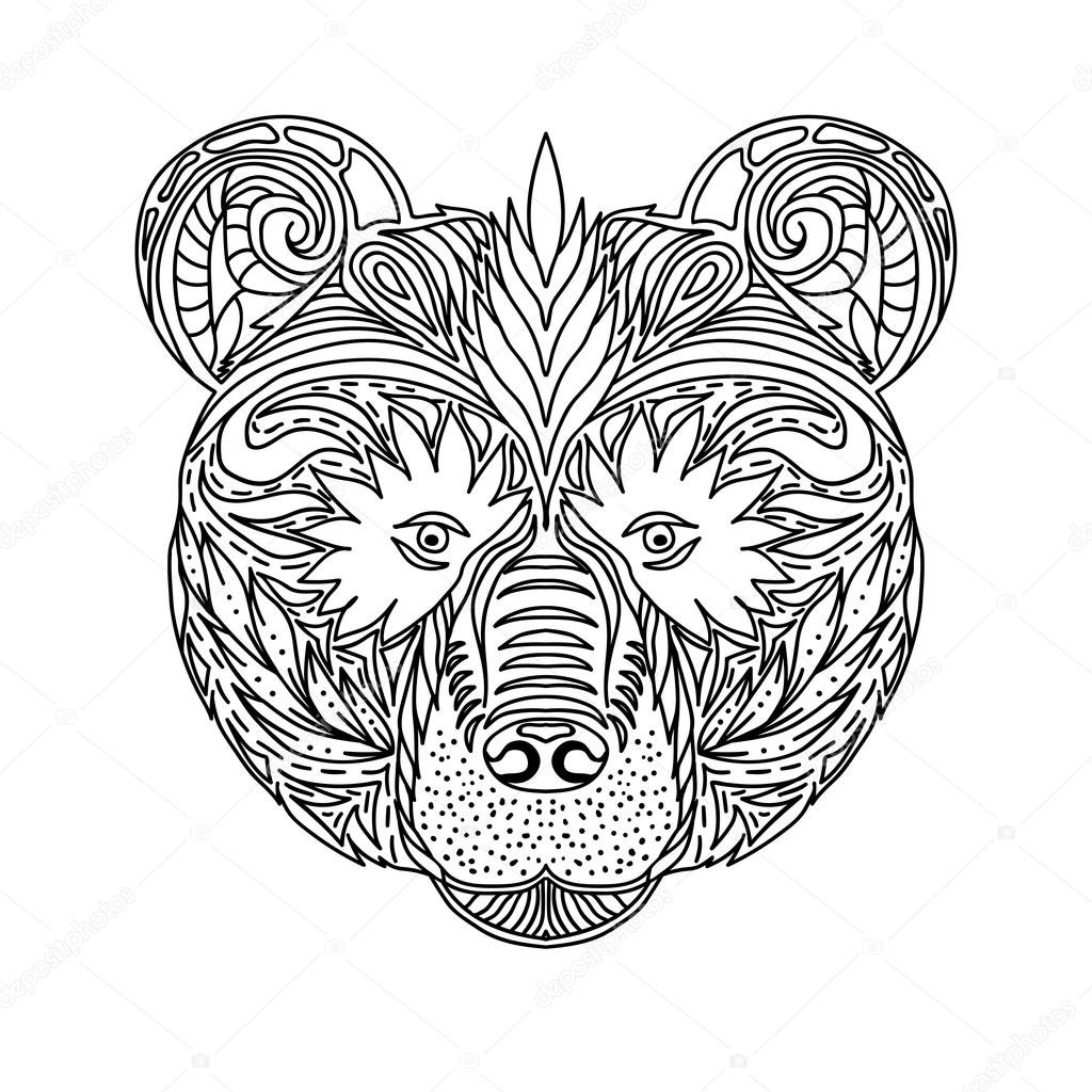 Black and white ornament faces wild beast of the forest bear ornamental lace design page for adult coloring books hand drawn ink pattern vector stock vector by alyonkalis