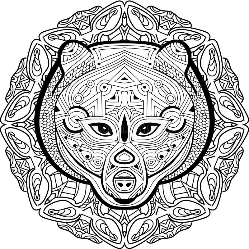 Element for your design national ethnic circular pattern with the head of a bear coloring page stock vector