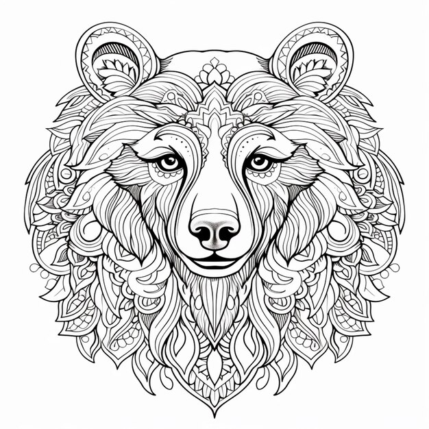 Premium ai image a coloring page with a bears head and a floral pattern generative ai