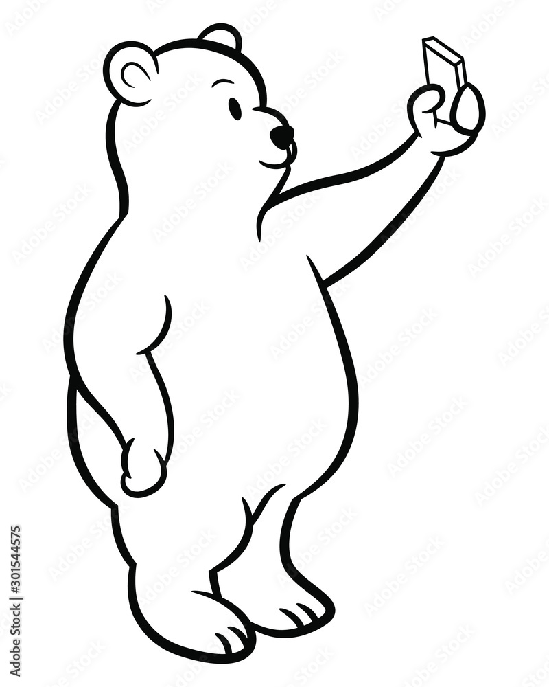 Cute polar bear cartoon taking selfie coloring page vector