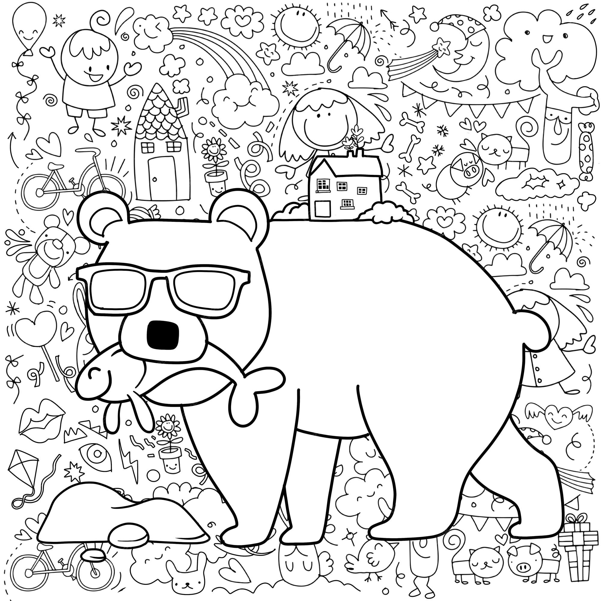 Premium vector black and white coloring pages for kidsnorth polar bear wearing cool glasses fishing in the north pole the background is a cute picture drawn by a child