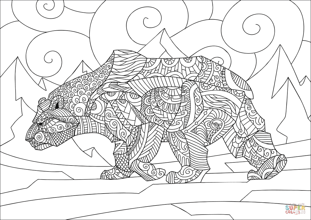 Zentangle polar bear coloring page free printable coloring pages