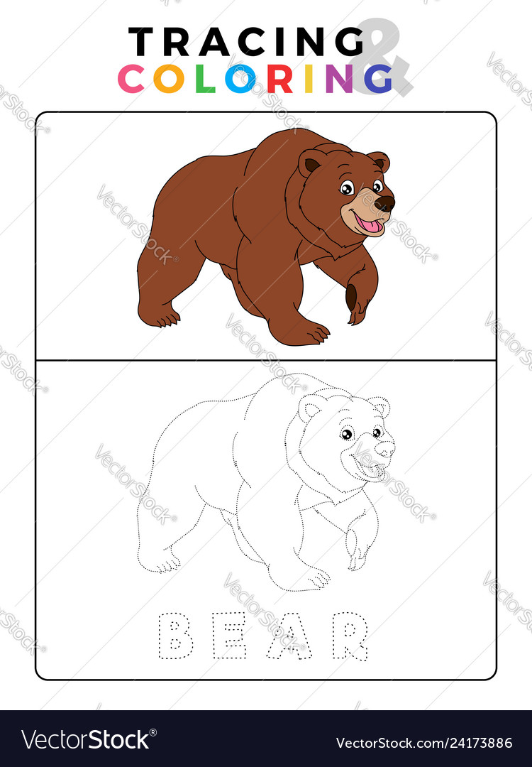 Funny bear tracing and coloring book with example vector image