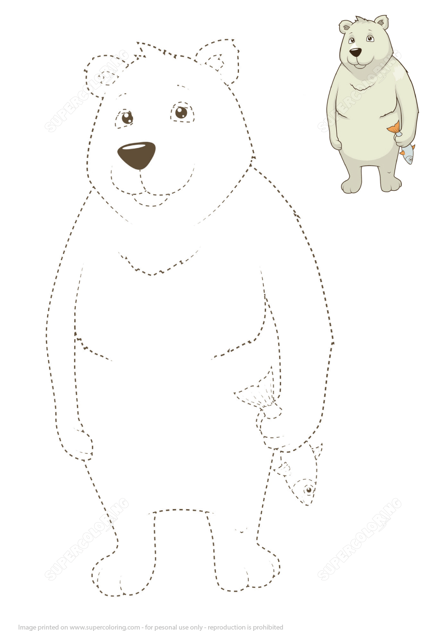 Learn to draw a polar bear by tracing dashed lines and color free printable puzzle games