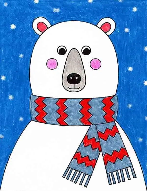 Easy how to draw a bear with a scarf tutorial and coloring page