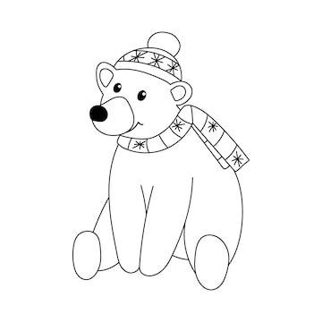 Premium vector cute polar bear is sitting in hat and scarf vector outline woodland animal illustration isolated on white