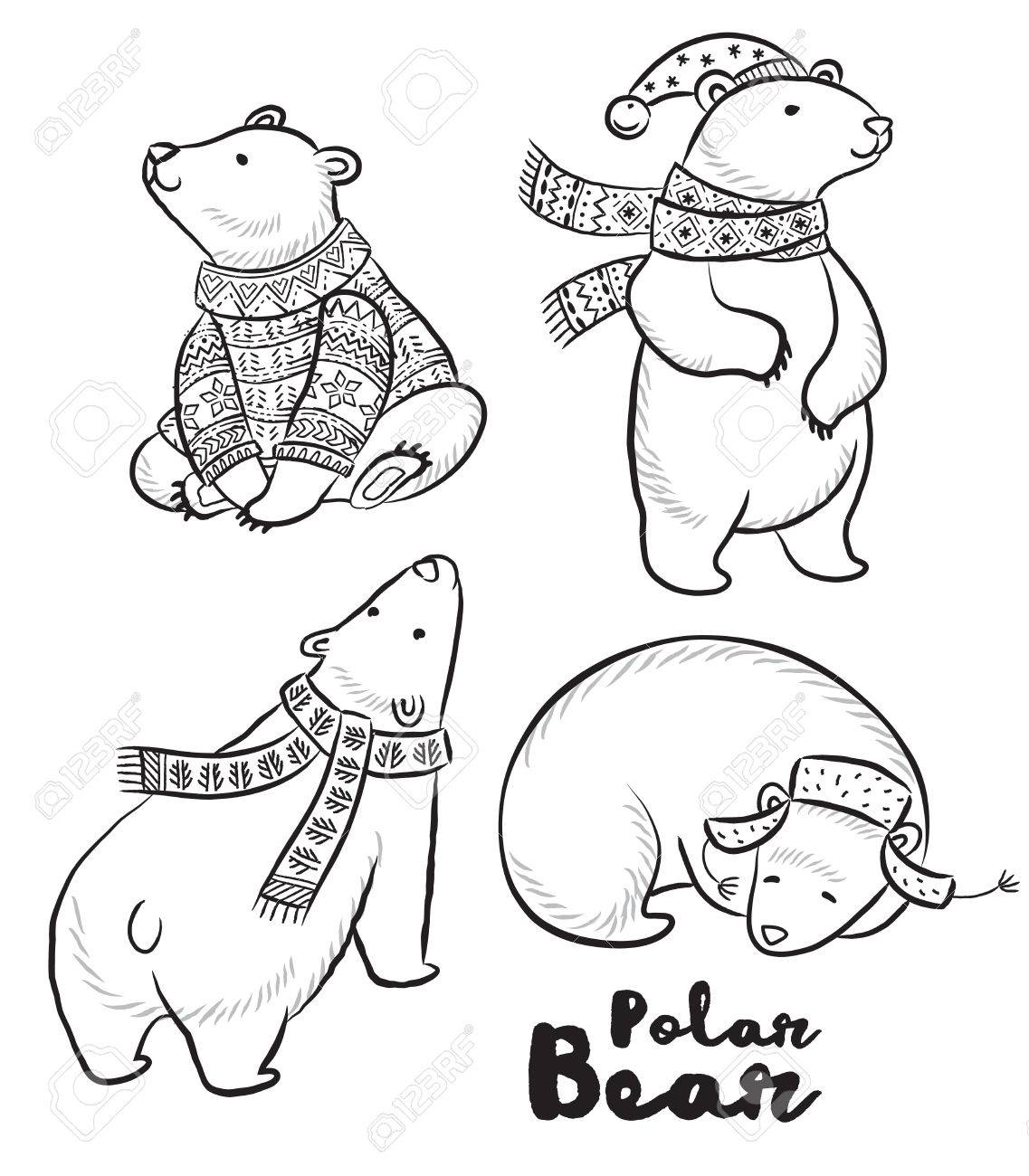 Outline set of polar bears in sweater scarf and hat with ornaments cute characters for christmas vector set coloring book page royalty free svg cliparts vectors and stock illustration image