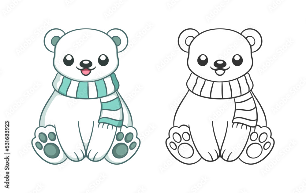 Cute chibi snow polar bear wearing a scarf outline and colored doodle cartoon illustration set winter christmas theme coloring book page activity for kids and adults vector