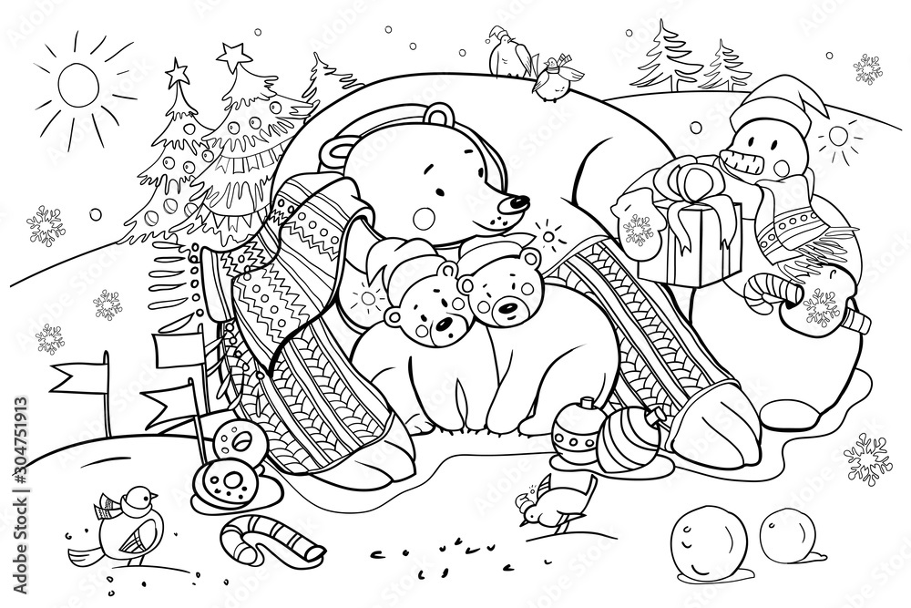 Polar bear in a scarf and cubs in christmas hats a snowman with gifts and cute birds sparrows coloring book for children for the new year and christmas vector illustration vector