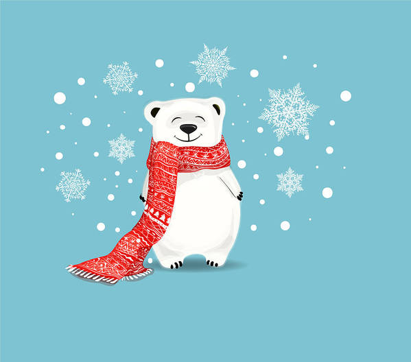 Polar bear with red scarfvector cute cartoon charcterwhite bear on blue backgroun with snowflake art print by xen art