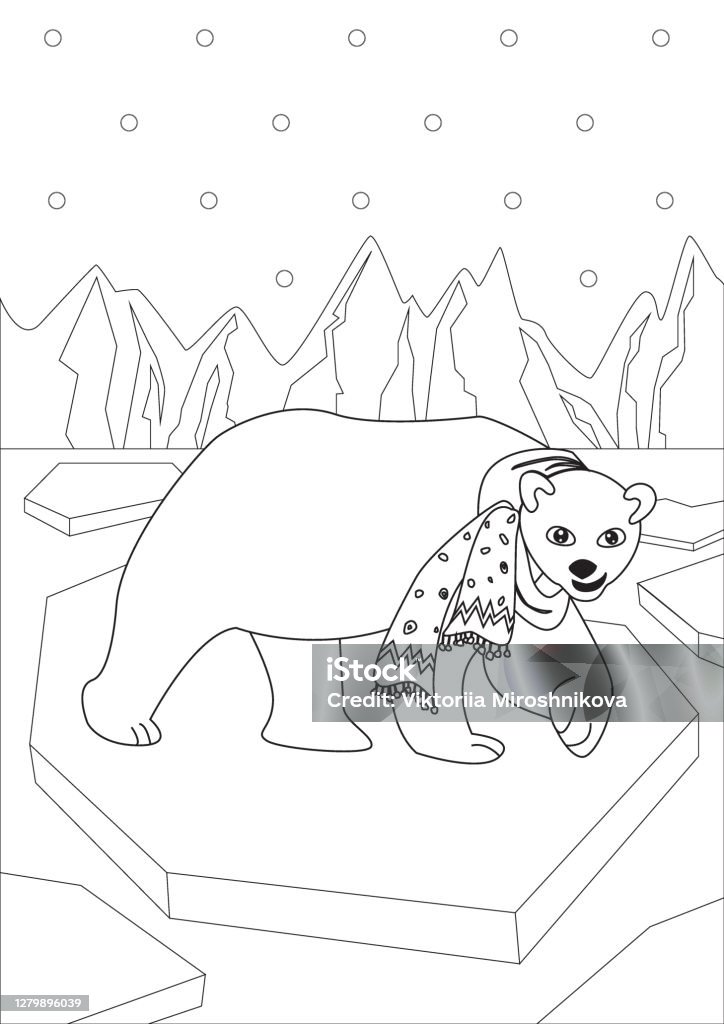 Coloring page with cute polar bear with scarf outline colorless vector stock illustration with bear for christmas stock illustration