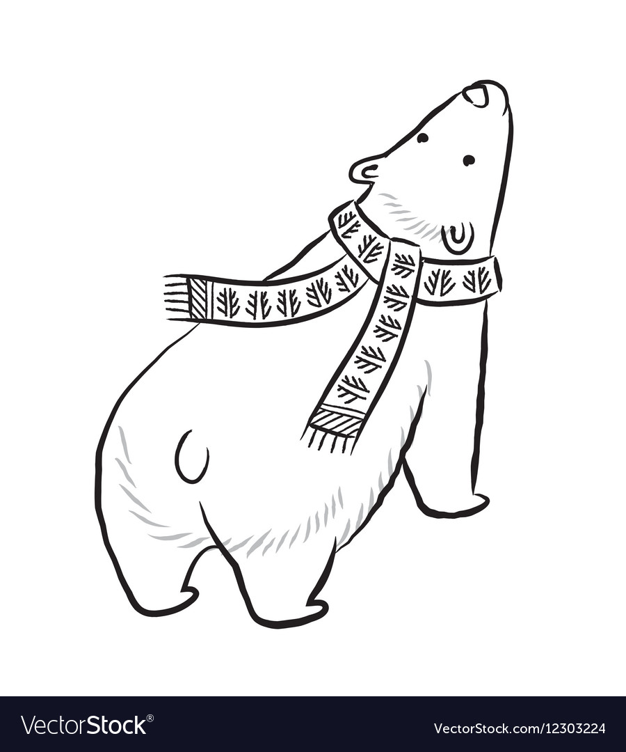 Hand drawn outline print with polar bear in winter