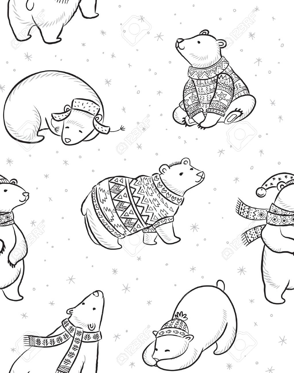 Black and white christmas seamless pattern with polar bears in sweater scarf and hat cartoon style coloring book page christmas vector seamless pattern with polar bears in red sweater scarf and hat