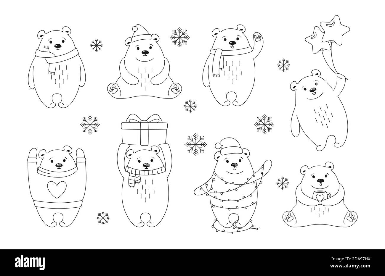 Christmas polar bear cartoon outline set new year animal mammals with santa hat gift or garland