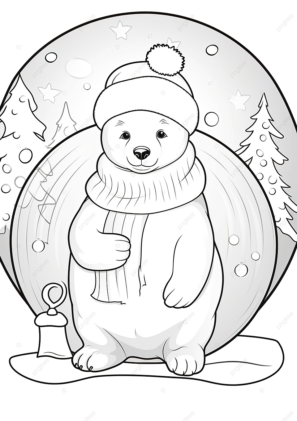 Coloring book for kids with a cute polar bear using santa hat and scarf in christmas ball background wallpaper image for free download