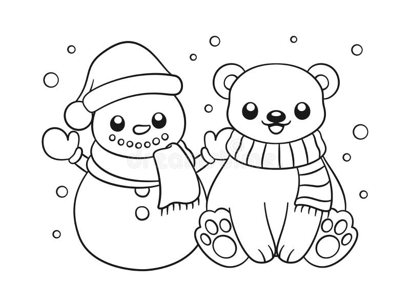 Snowman and polar bear wearing a scarf outline line art doodle cartoon illustration winter christmas theme coloring book page stock vector