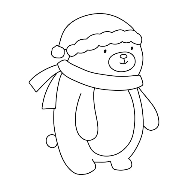 Premium vector cute bear in hat and scarf funny outline illustration for coloring book