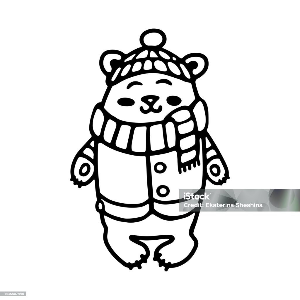 Cute bear in winter clothes scarf and hat cartoon outline doodle vector coloring book for kids teddy bear handdrawn animal illustration stock illustration