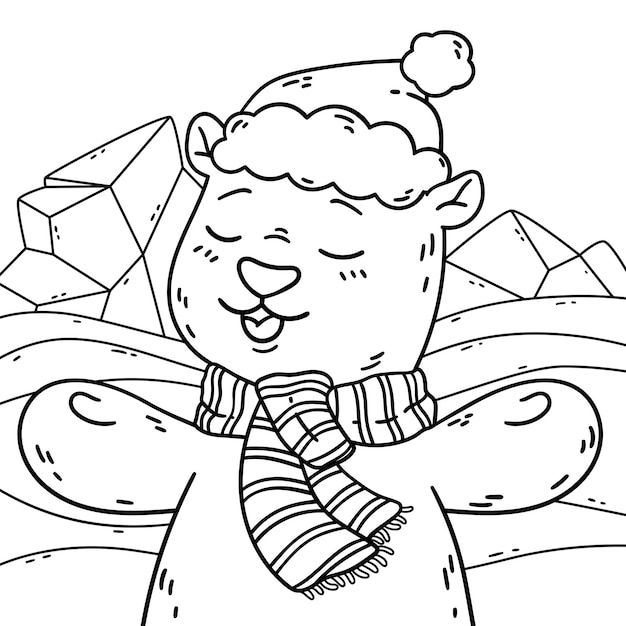 Premium vector cute polar bear at the north with santa claus hat and scarf new year coloring page