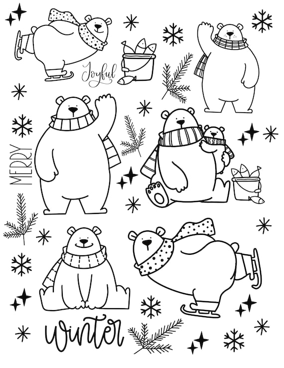 Polar bear coloring page winter polar bear download holiday instant download download and print digital coloring page for kids