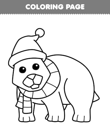 Premium vector education game for children coloring page of cute cartoon polar bear wearing hat and scarf line art printable winter worksheet