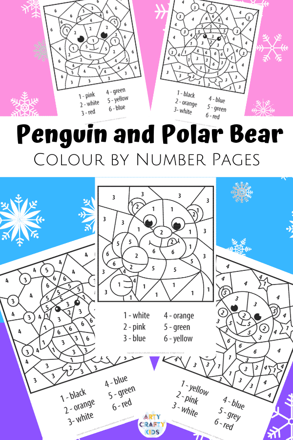 Polar bear and penguin winter color by number worksheets