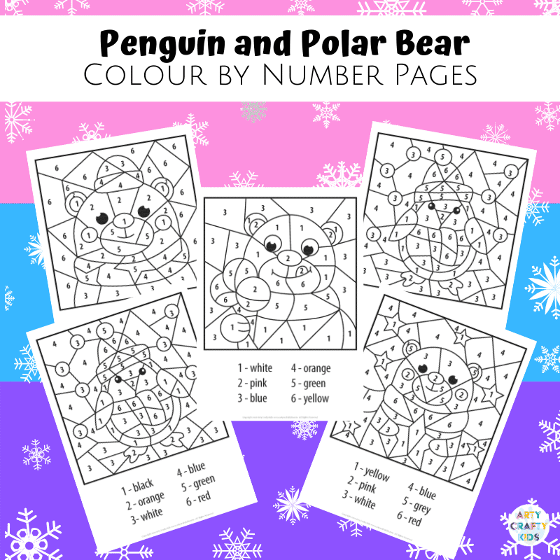 Polar bear and penguin winter color by number worksheets